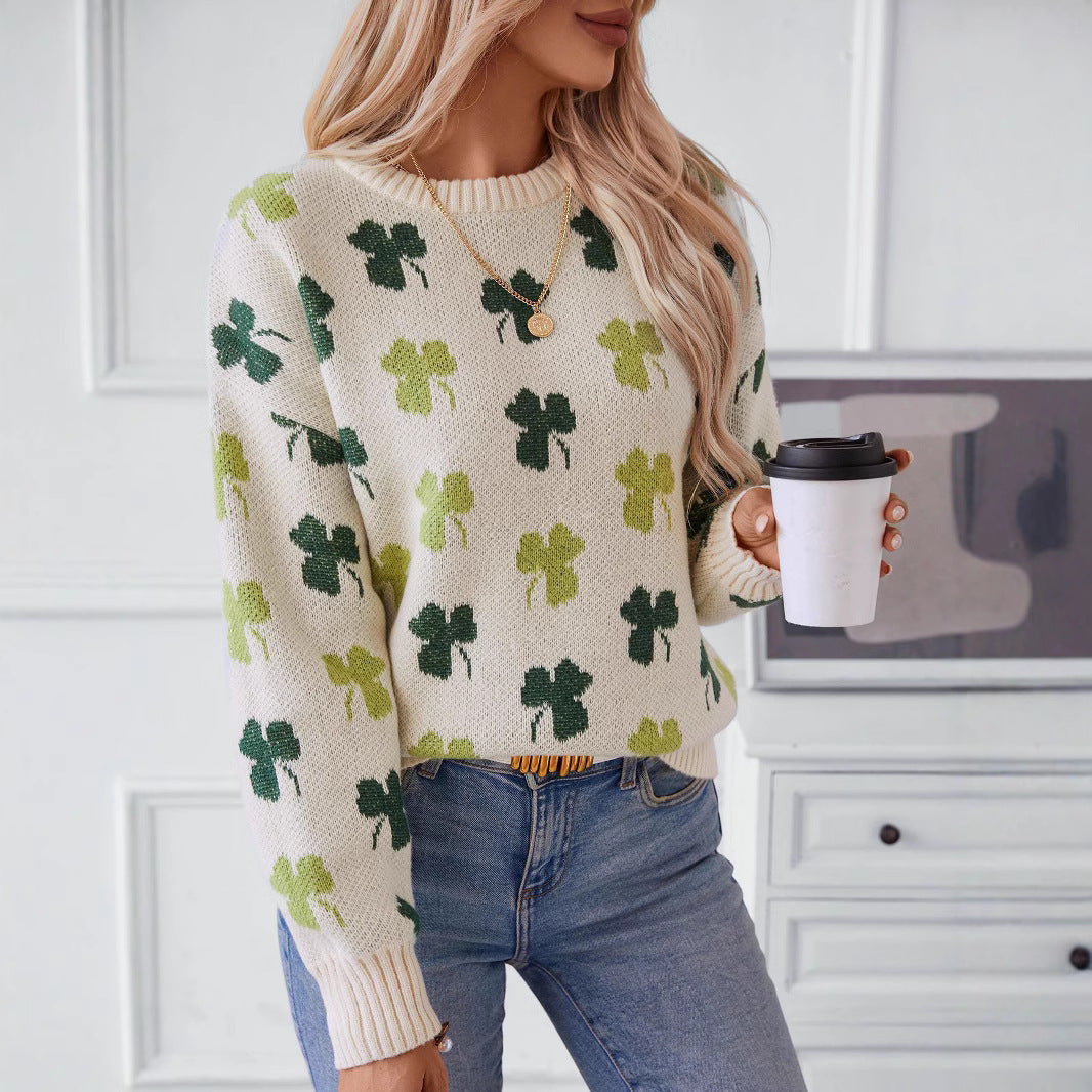 Women's Clover Jacquard Pullover Sweater - Textured Knit Round Neck
