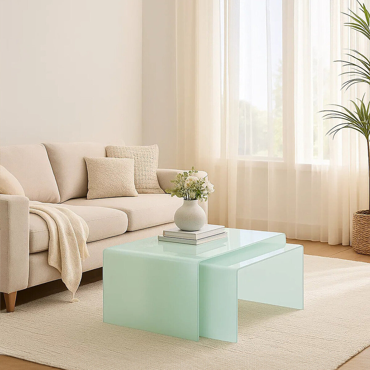 Nest of 2 Aqua Green Curved Glass Coffee Tables, Cascade