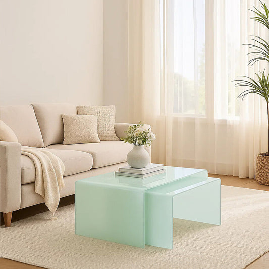 Nest of 2 Aqua Green Curved Glass Coffee Tables, Cascade