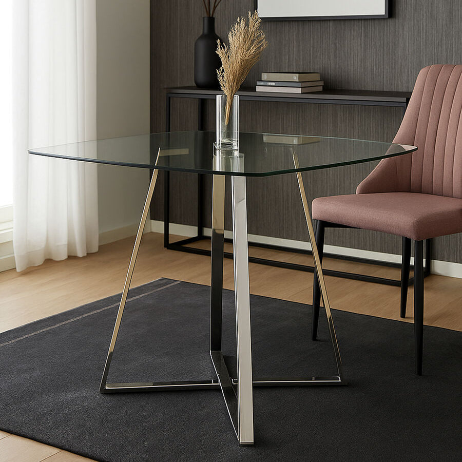 Metropolitan Clear Glass Square Dining Table with Silver Finish Legs