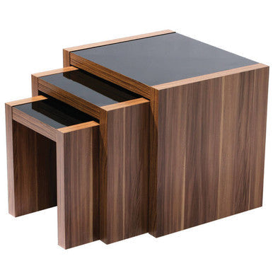 Fargo Walnut Veneer and Black High Gloss Set of 3 Nesting Tables