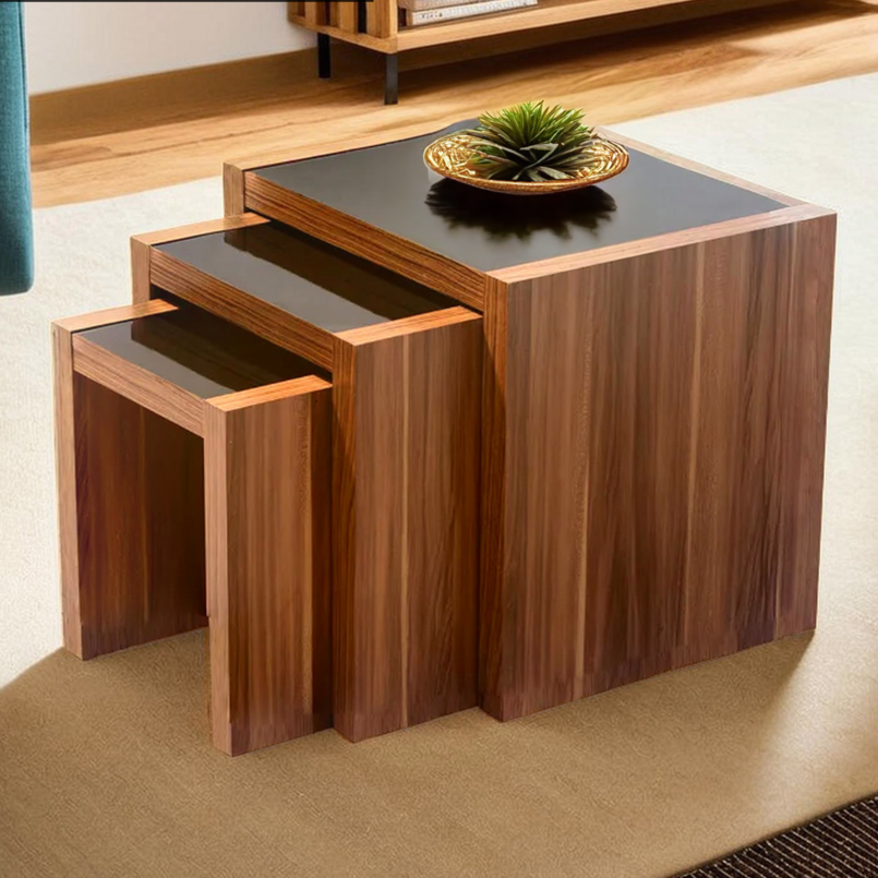 Fargo Walnut Veneer and Black High Gloss Set of 3 Nesting Tables