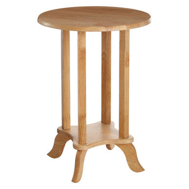 Natural Hevea Wood Round Side Table with Curved Feet and Lower Storage Shelf | Heva