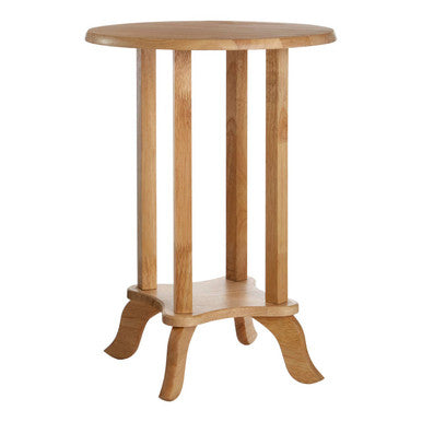 Natural Hevea Wood Round Side Table with Curved Feet and Lower Storage Shelf | Heva
