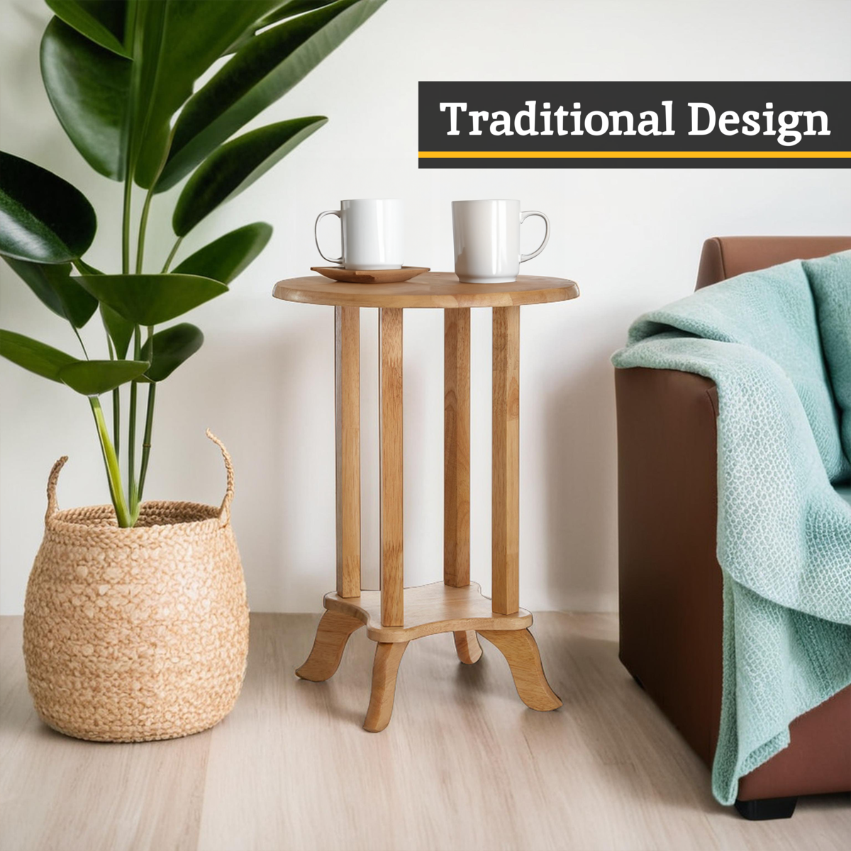 Natural Hevea Wood Round Side Table with Curved Feet and Lower Storage Shelf | Heva