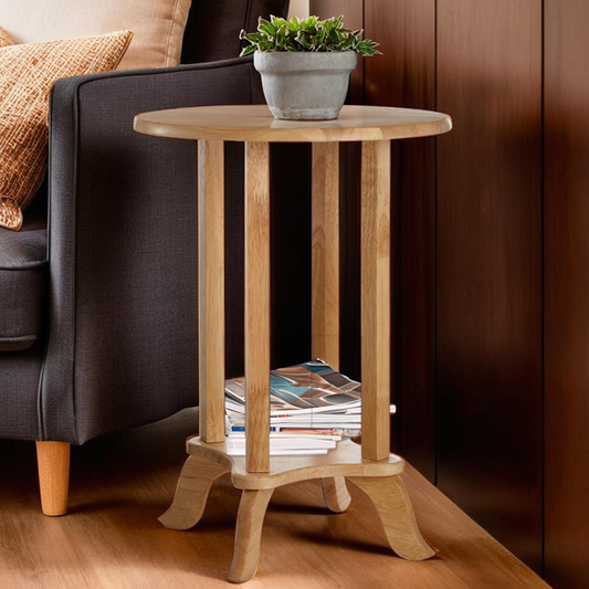 Natural Hevea Wood Round Side Table with Curved Feet and Lower Storage Shelf | Heva