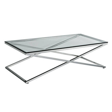 Clear Glass Top Coffee Table with Glistening Silver Stainless Steel Cross Base | Montril