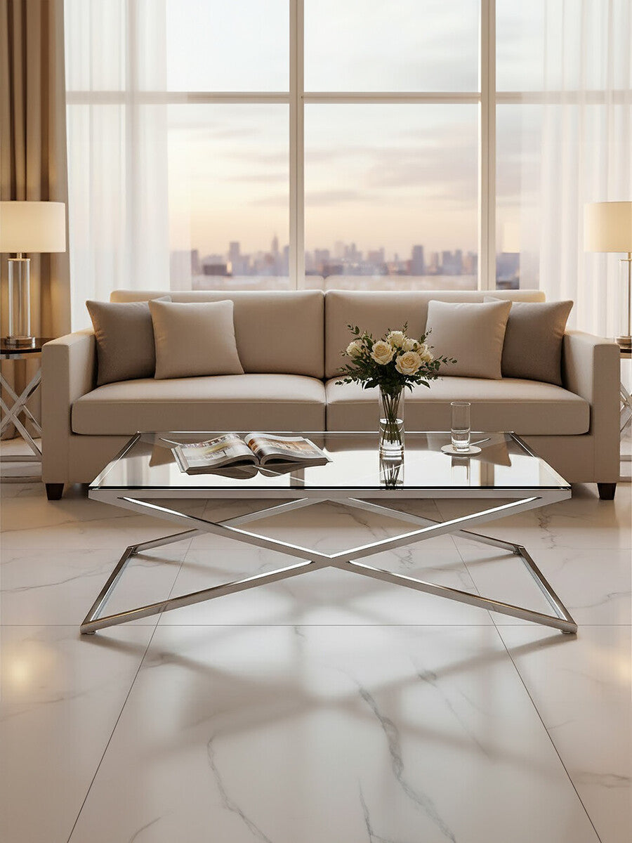 Clear Glass Top Coffee Table with Glistening Silver Stainless Steel Cross Base | Montril