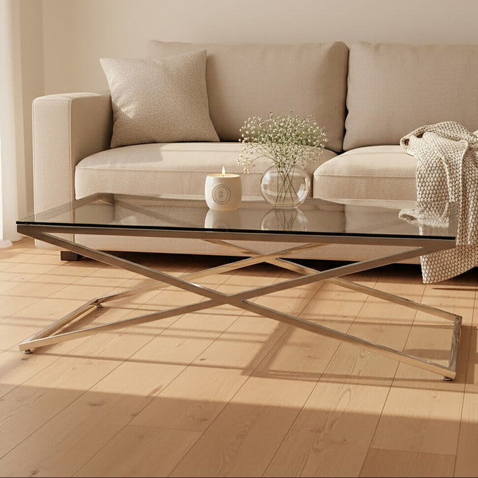Clear Glass Top Coffee Table with Glistening Silver Stainless Steel Cross Base | Montril