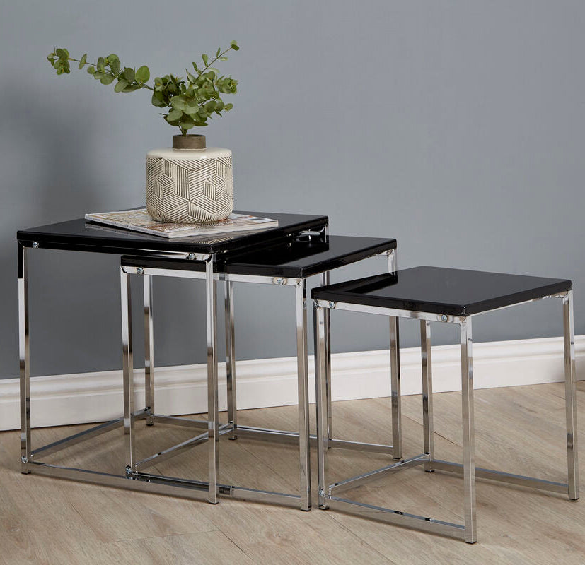 Fulton Black Nest Of 3 Tables With Chrome Frame