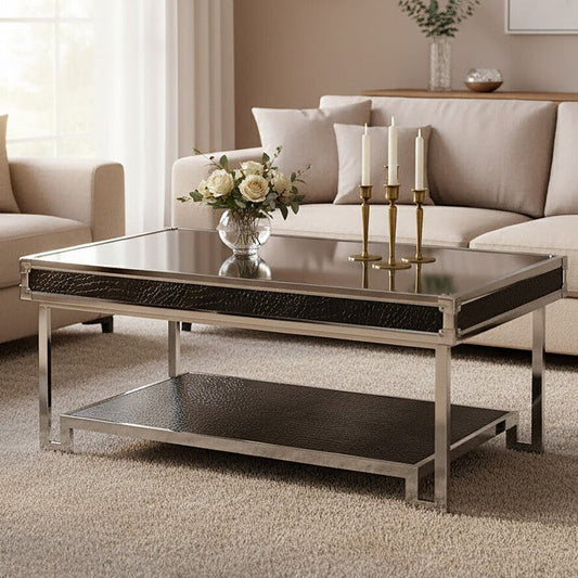 Black and Silver Two-Tier Coffee Table with Leather Effect Top and Stainless Steel Frame | Carla