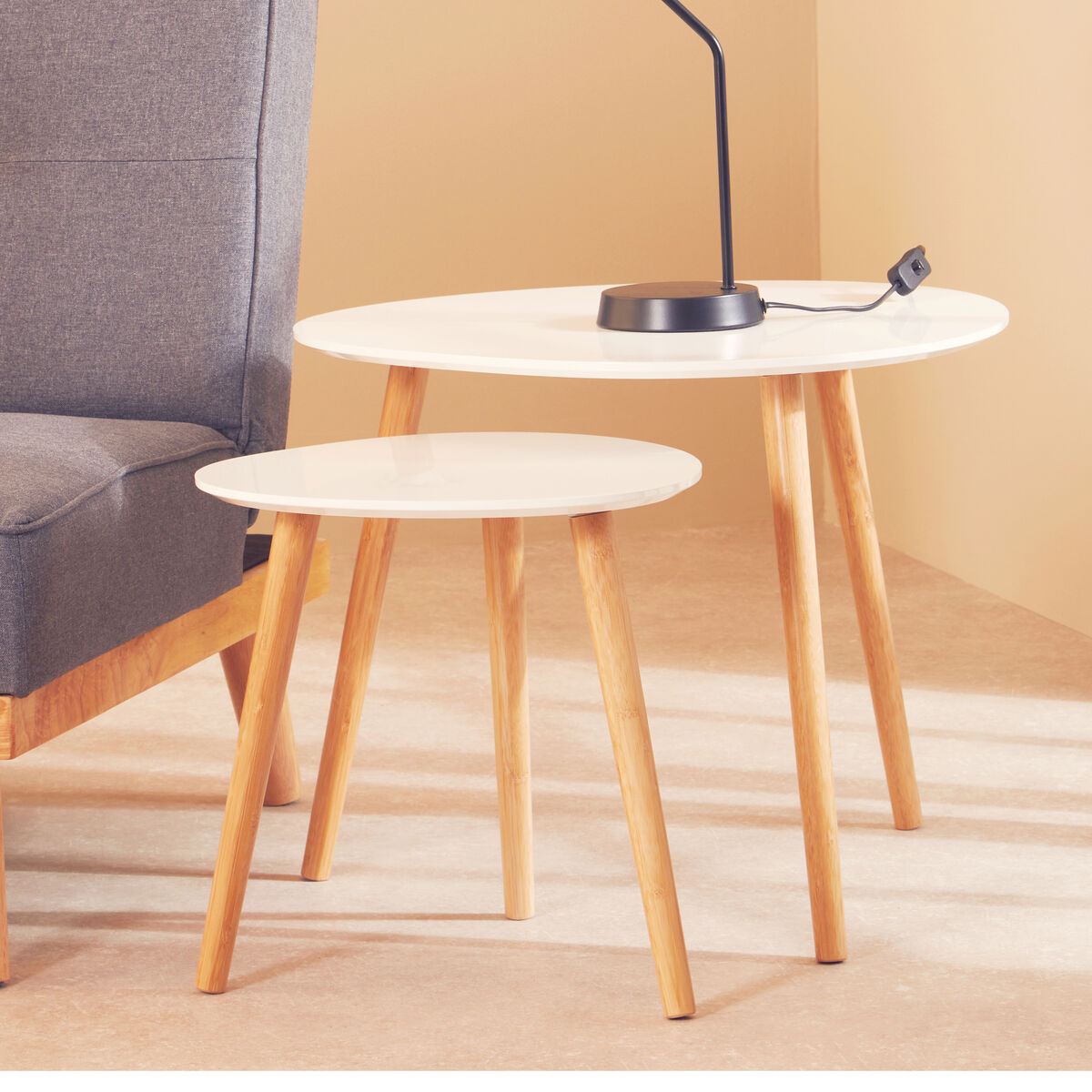 White High Gloss Top Nest of 2 Tables with Natural Wood Legs, Nostra