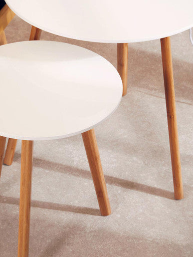 White High Gloss Round Top Nest of 2 Tables with Natural Wood Legs, Nostra