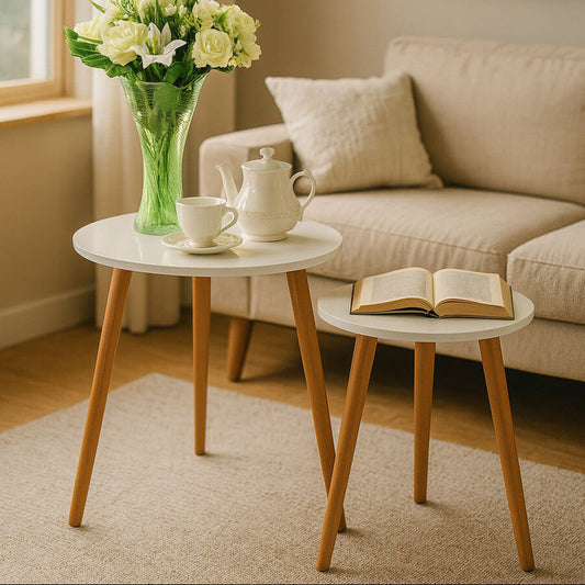 White High Gloss Round Top Nest of 2 Tables with Natural Wood Legs, Nostra