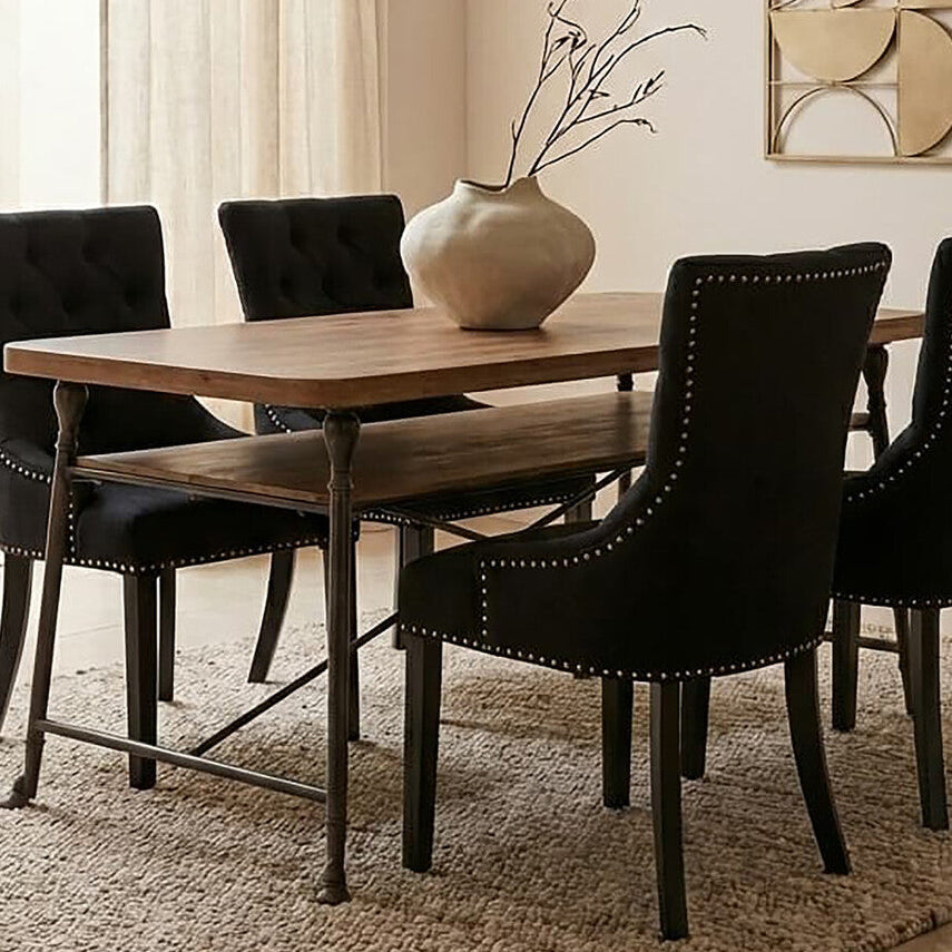 Natural Fir Wood Top Industrial Dining Table with Lower Shelf and Black Metallic Legs, Foundry