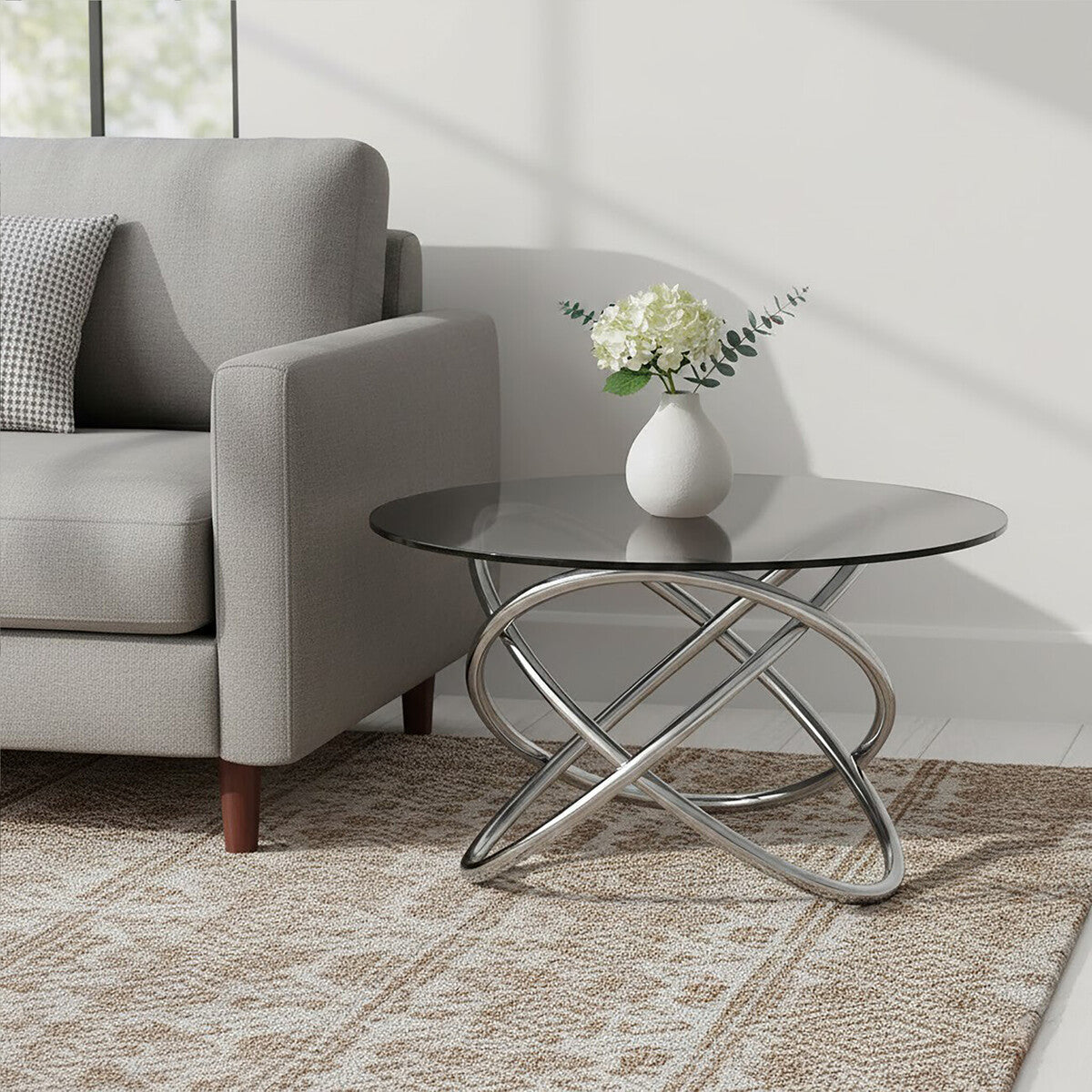 Smoked Glass Top and Silver Steel Frame Side Table, Cassy