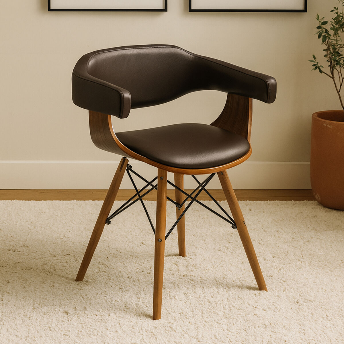 Parkar Brown Leather Effect Chair with Curved Backrest