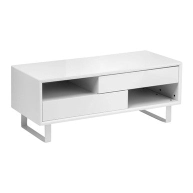 White High Gloss Coffee Table with 2 Drawers, 2 Open Shelves and White Metallic Legs, Moritz