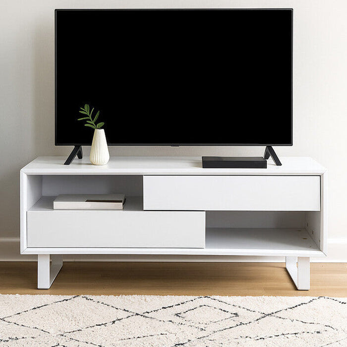 White High Gloss Coffee Table with 2 Drawers, 2 Open Shelves and White Metallic Legs, Moritz