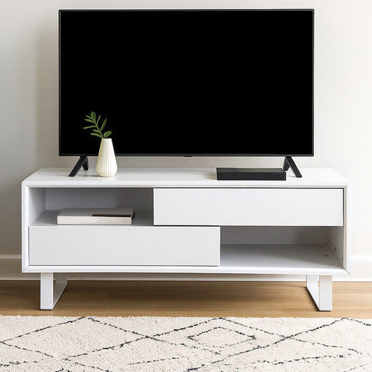 White High Gloss Coffee Table with 2 Drawers, 2 Open Shelves and White Metallic Legs, Moritz