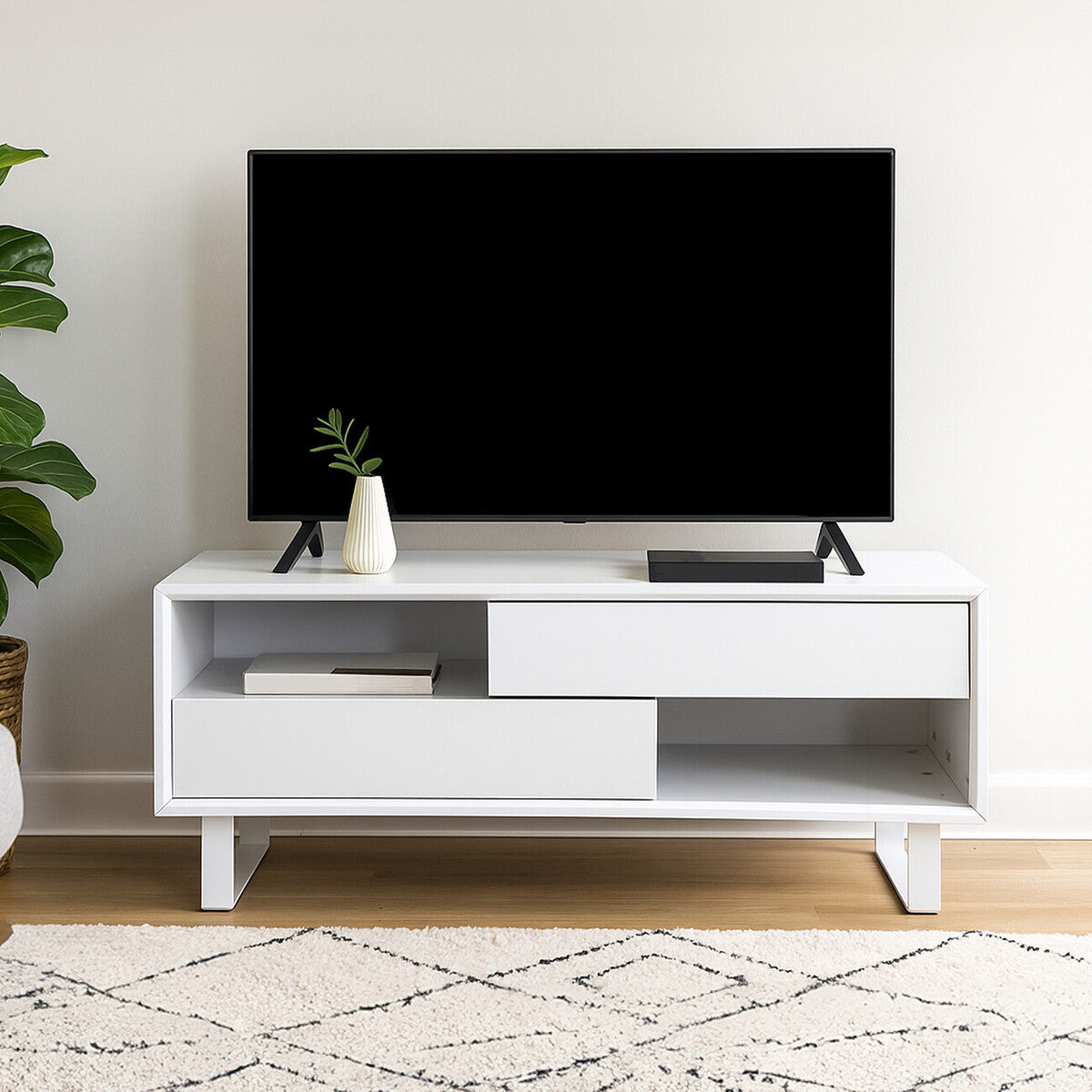 White High Gloss Coffee Table with 2 Drawers, 2 Open Shelves and White Metallic Legs, Moritz
