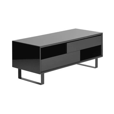 Black High Gloss Coffee Table with 2 Drawers, 2 Open Shelves and Black Metallic Legs, Moritz