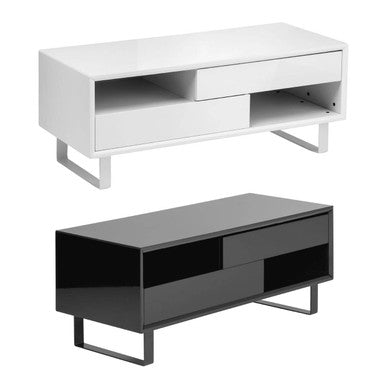 Black High Gloss Coffee Table with 2 Drawers, 2 Open Shelves and Black Metallic Legs, Moritz
