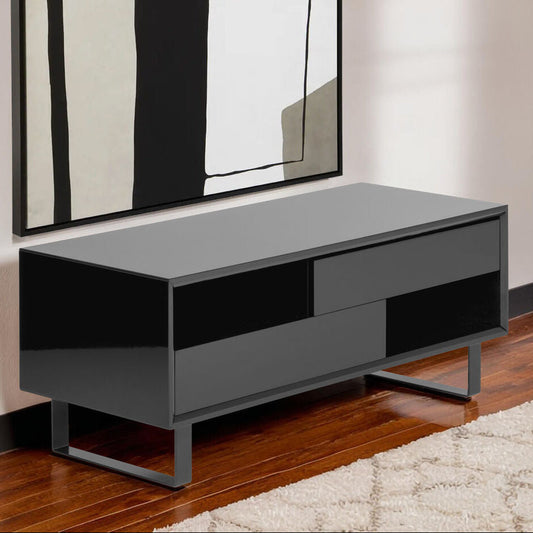 Black High Gloss Coffee Table with 2 Drawers, 2 Open Shelves and Black Metallic Legs, Moritz