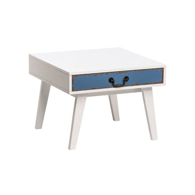 White and Blue Distressed Single Drawer Wooden Side Table with Metal Handle, Alchemy