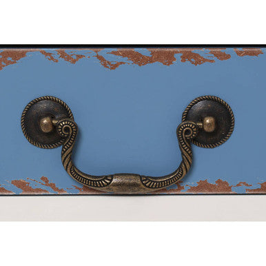 White and Blue Distressed Single Drawer Wooden Side Table with Metal Handle, Alchemy