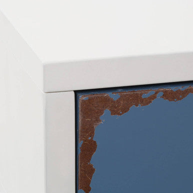 White and Blue Distressed Single Drawer Wooden Side Table with Metal Handle, Alchemy