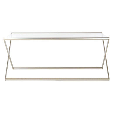 Rectangular Clear Tempered Glass Coffee Table with Satin Nickel Criss Cross Metal Frame, Roma