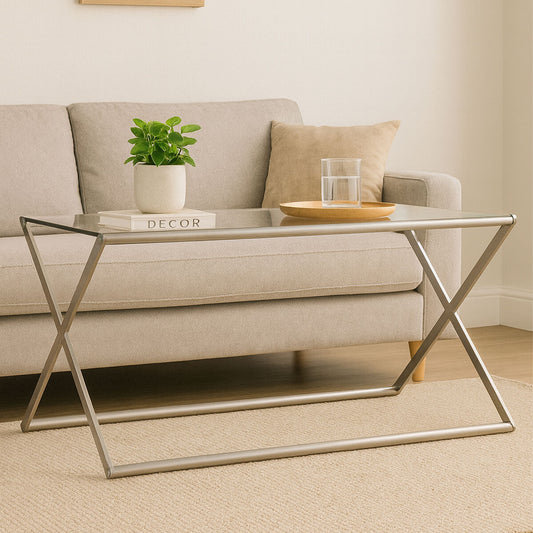 Rectangular Clear Tempered Glass Coffee Table with Satin Nickel Criss Cross Metal Frame, Roma