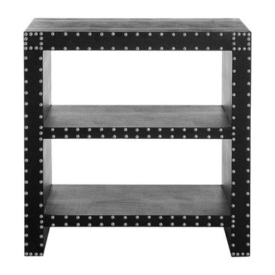 Black Wood 2 Shelves Side Table with Covered in Black Leather Effect, Sloane