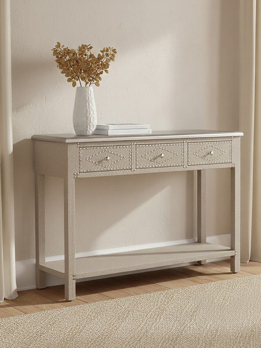 Natural Wooden 3-Drawer Console Table with Silver Top, Manhattan