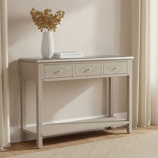 Natural Wooden 3-Drawer Console Table with Silver Top, Manhattan