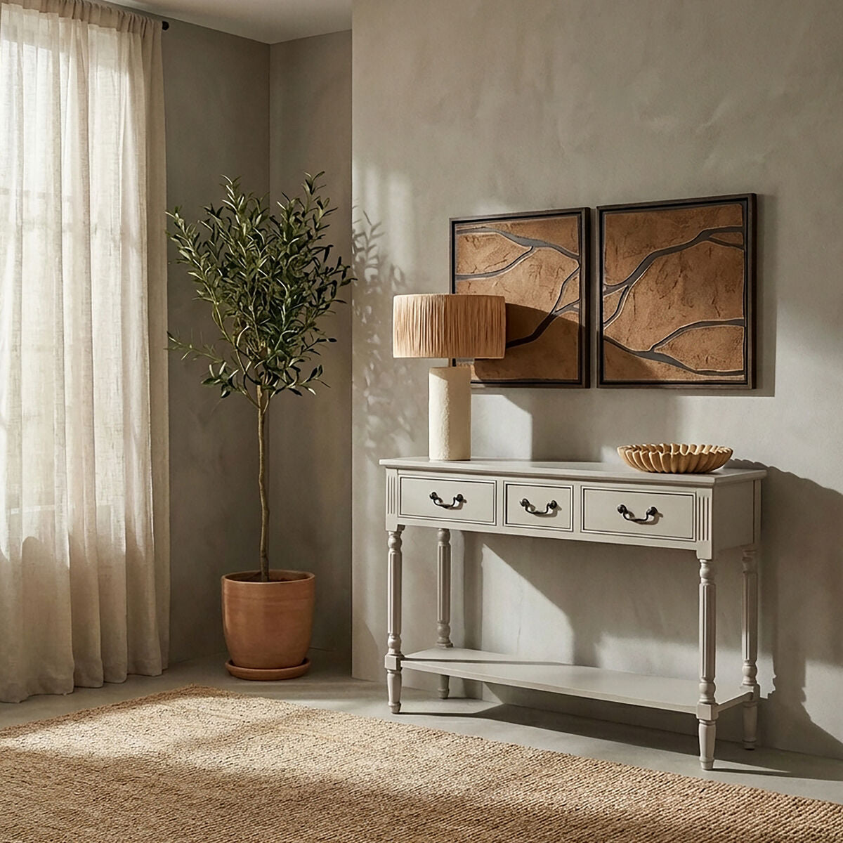 Heritage Grey Putty Wooden 3 Drawer Console Table with Lower Shelf