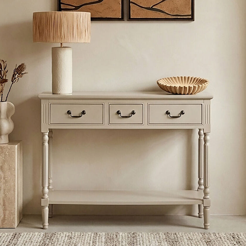 Grey Natural Wood Two-Tier Display Top Console Table with 2 Drawers and Carved Legs, Heritage