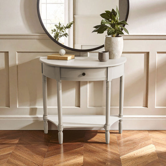 Grey Putty Natural Wood One-Drawer Console Table with Open Lower Shelf and Carved Spindle Legs, Heritage