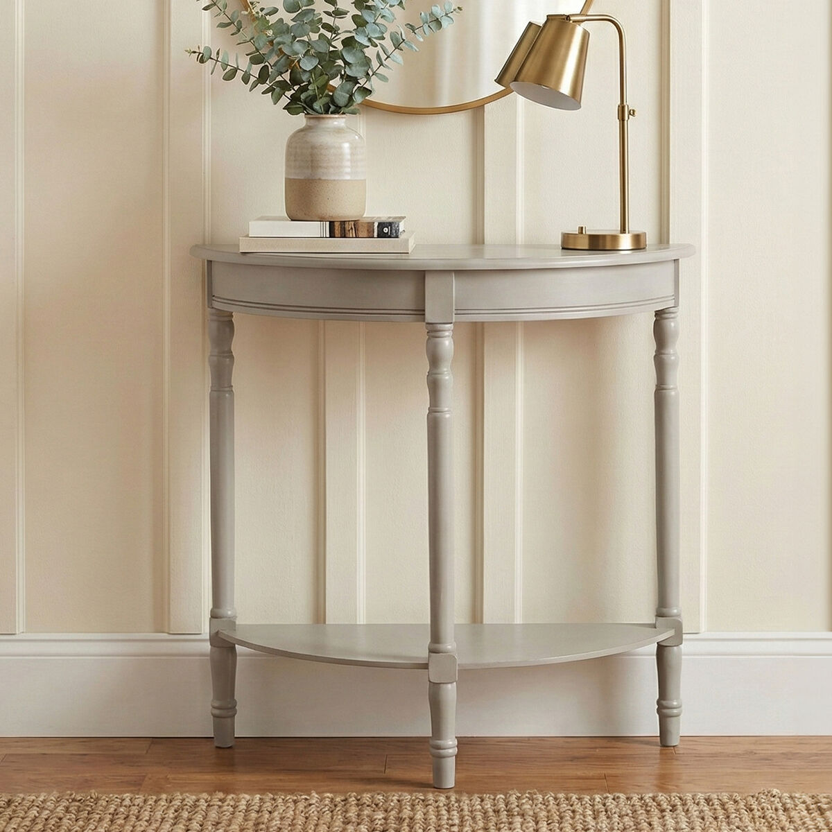 Heritage Grey Putty Wooden Half Moon Console Table with Spindle Legs