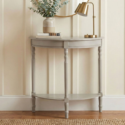 Grey Putty Pine Wood Half Moon Console Table with Open Lower Shelf and Carved Spindle Legs, Heritage