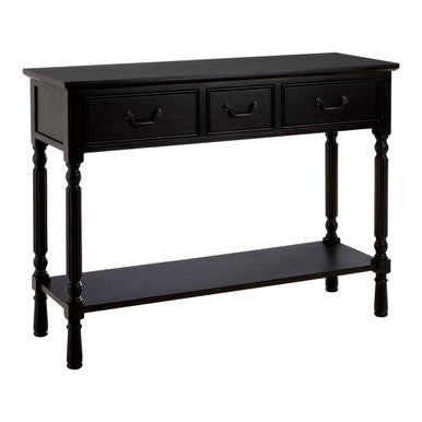 Vintage Black Pine Wood Three-Drawer Console Table with Bottom Storage Shelf and Carved Spindle Legs, Heritage