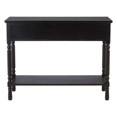 Vintage Black Pine Wood Three-Drawer Console Table with Bottom Storage Shelf and Carved Spindle Legs, Heritage