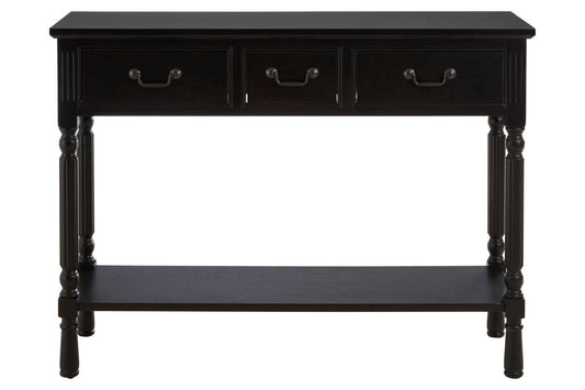 Vintage Black Pine Wood Three-Drawer Console Table with Bottom Storage Shelf and Carved Spindle Legs, Heritage