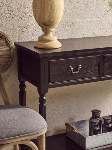 Vintage Black Pine Wood Three-Drawer Console Table with Bottom Storage Shelf and Carved Spindle Legs, Heritage