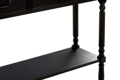 Vintage Black Pine Wood Three-Drawer Console Table with Bottom Storage Shelf and Carved Spindle Legs, Heritage