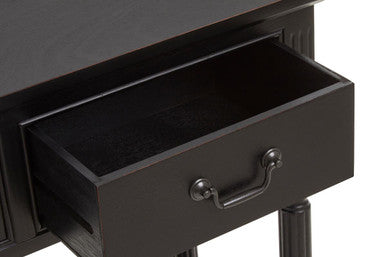 Vintage Black Pine Wood Three-Drawer Console Table with Bottom Storage Shelf and Carved Spindle Legs, Heritage