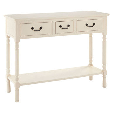 White Ivory Wooden 3-Drawer Console Table with Bevelled Top and Bottom Shelf, Heritage