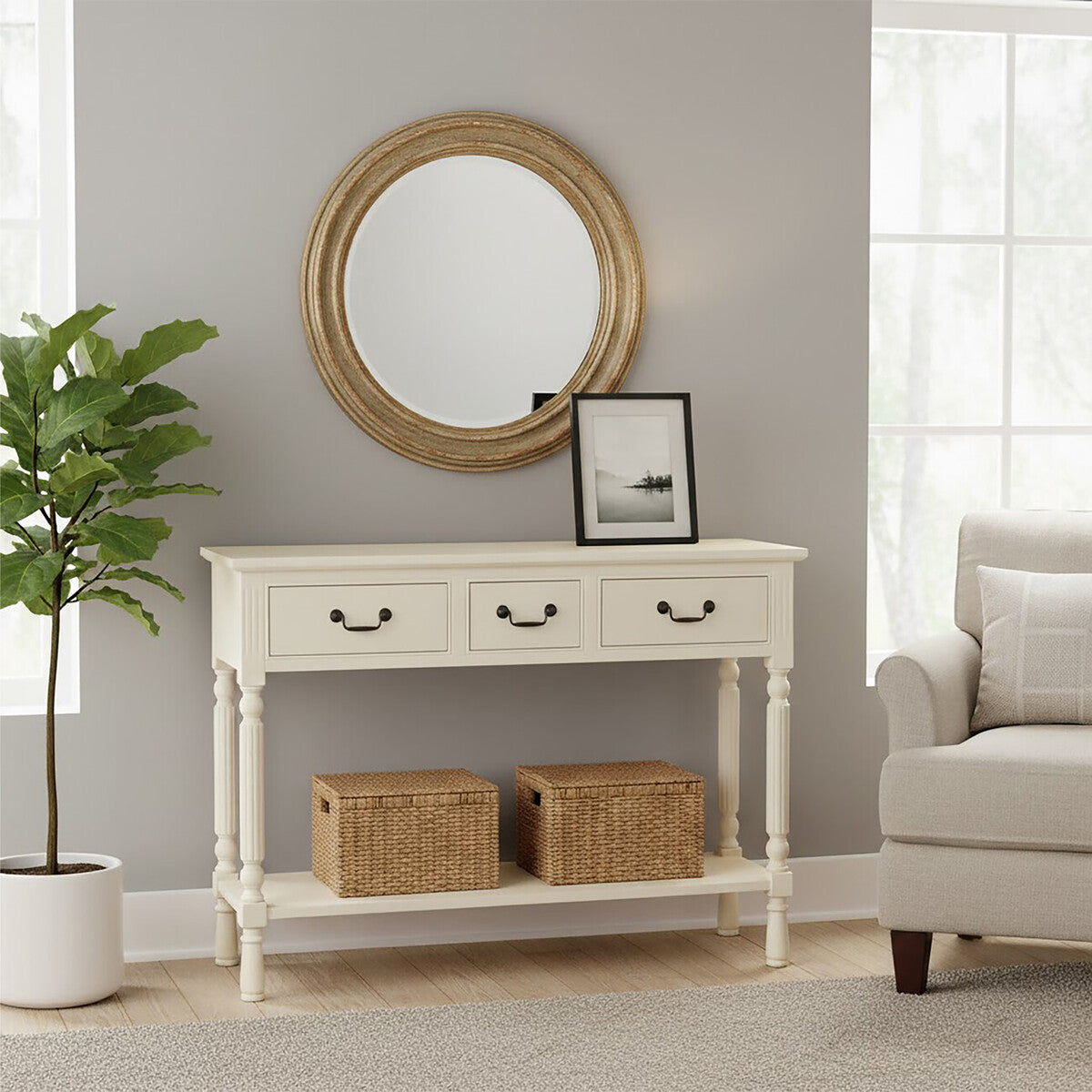 White Ivory Wooden 3-Drawer Console Table with Bevelled Top and Bottom Shelf, Heritage