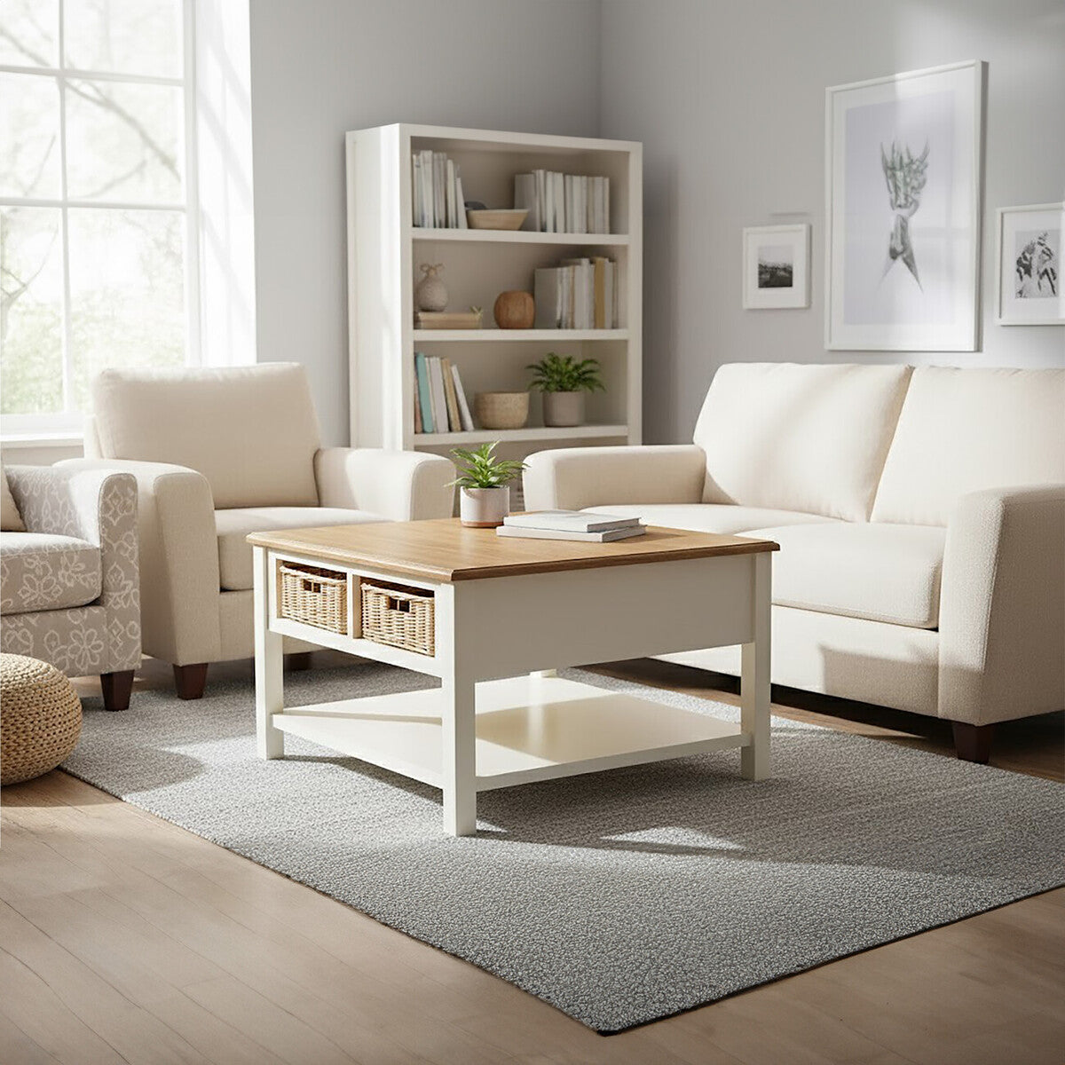 Cream Wood Coffee Table with 2 Rattan Storage Baskets | Dorset